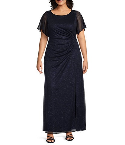 Ignite Evenings Plus Size Short Sleeve Round Neck Front Slit Glitter Jersey Dress