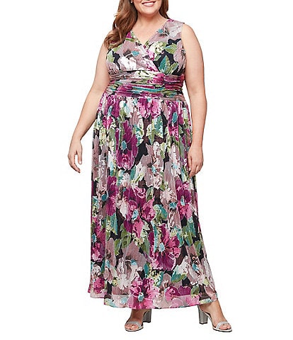 Ignite Evenings Plus Size Sleeveless V-Neck Foil Bodre Dress
