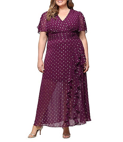  Plus Size Surplice V-Neck Flutter Sleeve Cascade Ruffle Chiffon Foil Printed Gown