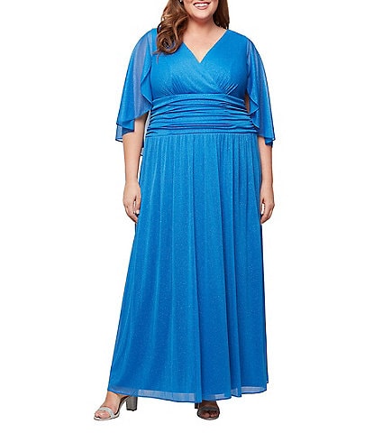 Ignite Evenings Plus Size V-Neck 3/4 Illusion Sleeve Glitter Mesh A-Line Gown