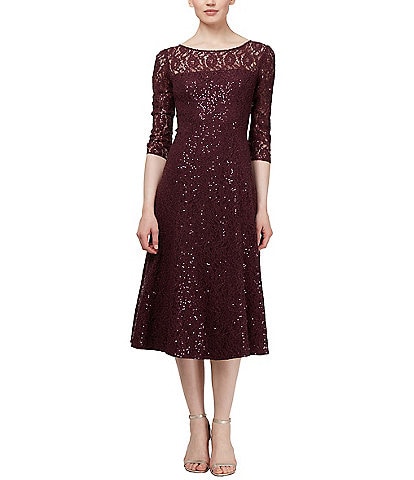 Ignite Evenings Sequin Lace Round Neck 3/4 Sleeve Midi Dress
