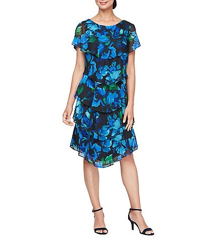 Ignite Evenings Short Caplet Sleeve Tiered Floral Print Dress