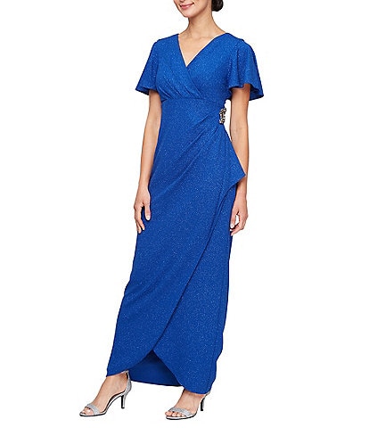 Ignite Evenings Short Flutter Sleeve V-Neck Glitter Knit Empire Embellished Waist Faux Wrap Maxi Dress