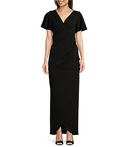 Ignite Evenings Short Flutter Sleeve V-Neck Glitter Knit Empire Embellished Waist Faux Wrap Maxi Dress