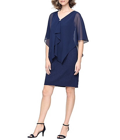 Ignite Evenings Short Glitter Chiffon Overlay Bodice Embellished V-Neckline Dress