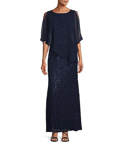 Ignite Evenings Short Sleeve Round Neck Beaded Sequin Floral Lace Capelet Gown