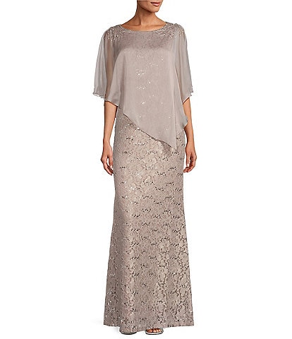 Ignite Evenings Short Sleeve Boat Neck Beaded Sequin Floral Lace Capelet Gown