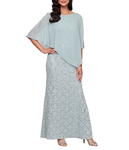 Ignite Evenings Short Sleeve Boat Neck Beaded Sequin Floral Lace Capelet Gown