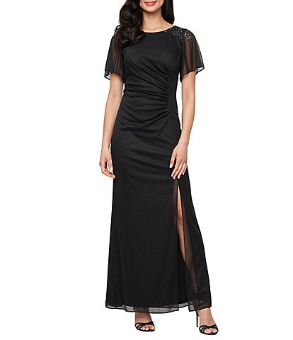 Ignite Evenings Short Sleeve Round Neck Front Slit Glitter Jersey Dress