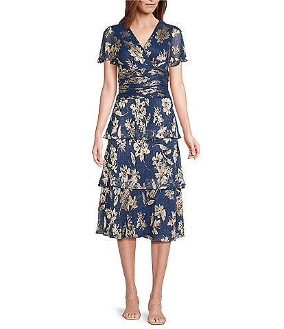 Ignite Evenings Short Sleeve V-Neck Tiered Floral Midi Dress