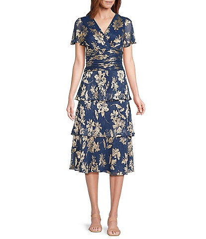 Ignite Evenings Short Sleeve V-Neck Tiered Floral Midi Dress
