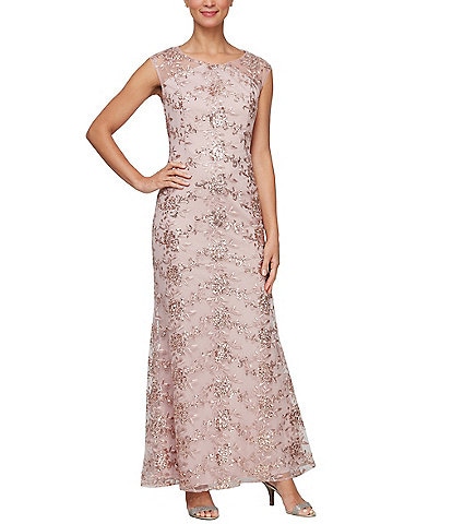 Ignite Evenings Sleeveless Illusion Crew Neck Embroidered Gown