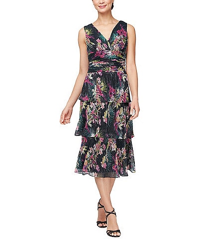 Ignite Evenings Sleeveless V-Neck Tiered Skirt Floral Midi Dress