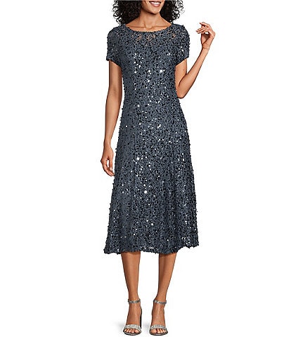 Ignite Evenings Stretch Sequin Lace Short Sleeve Illusion Boat Neck A-Line Midi Dress