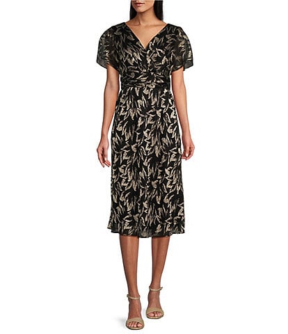 Ignite Evenings Surplice V-Neck Flutter Sleeve Ruched Waist Foil Printed Dress