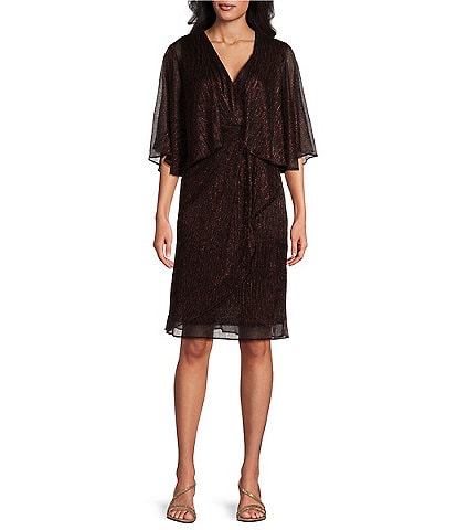 Ignite Evenings Surplice V-Neck Short Sleeve Metallic 2-Piece Cascade Jacket Dress