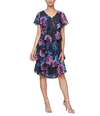 Ignite Evenings V-Neck Short Sleeve Chiffon Tiered Capelet Floral Shift Dress
