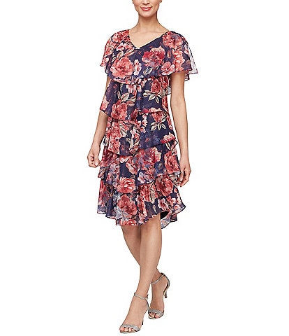 Ignite Evenings V-Neck Short Sleeve Chiffon Tiered Capelet Floral Shift Dress