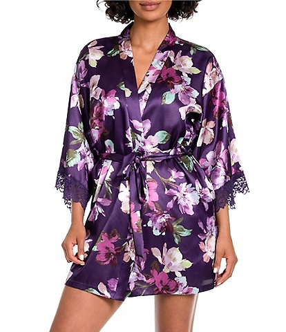 In Bloom by Jonquil 3/4 Sleeve Satin Floral Print Short Robe