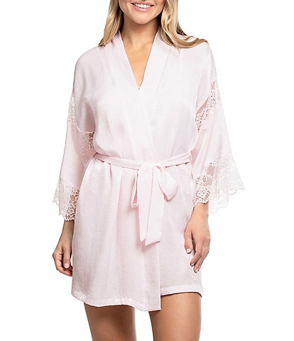 In Bloom By Jonquil 3/4 Sleeve Shawl Collar Solid Textured Satin & Lace Coordinating Short Robe