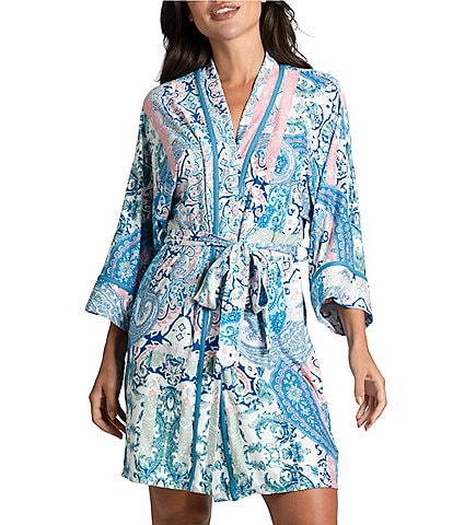 In Bloom By Jonquil Brushed Knit 3/4 Sleeve Coordinating Paisley Tile Print Wrap Robe