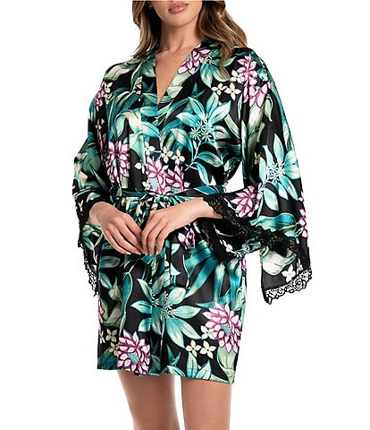 In Bloom by Jonquil Floral Leaf Satin 3/4 Sleeve Coordinating Short Robe