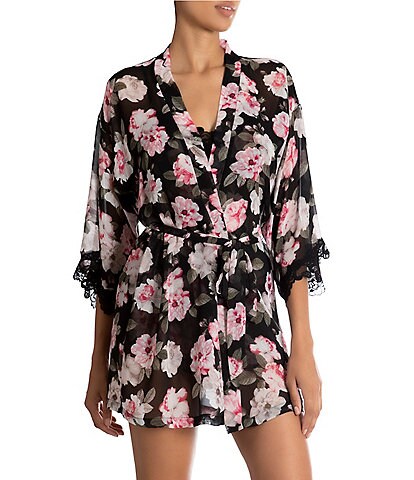 In Bloom by Jonquil Floral Print Chiffon Shawl Collar Long Sleeve Lace Wrap Robe