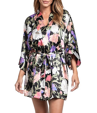In Bloom By Jonquil Harriet Satin Botanical Floral 3/4 Sleeve V-Neck Coordinating Short Lingerie Robe