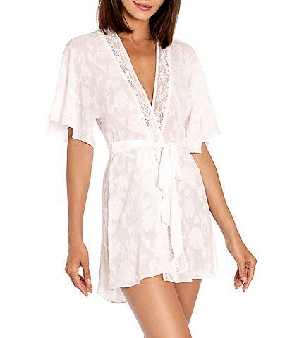 In Bloom by Jonquil Floral Print Crinkled Jacquard V-Neck 3/4 Sleeve Wrap Robe