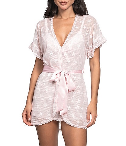 In Bloom by Jonquil Mesh Bow Print Short Sleeve Lace Coordinating Short Wrap Robe