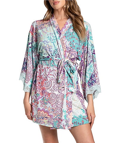 In Bloom By Jonquil Paisley Patchwork Print 3/4 Sleeve Brushed Knit Short Robe
