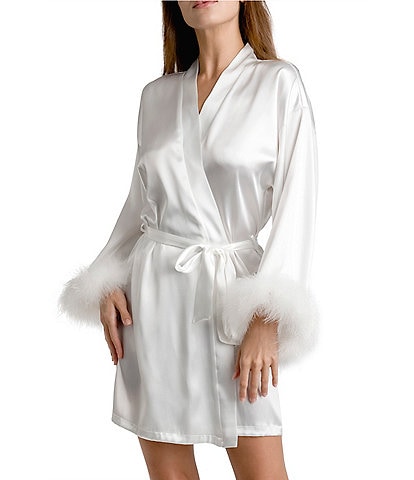 In Bloom by Jonquil Satin Long Sleeve Feather Trim Coordinating Wrap Robe