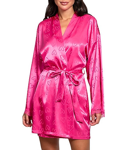 In Bloom by Jonquil Satin Long Sleeve Shawl Collar Heart Print Coordinating Short Wrap Robe
