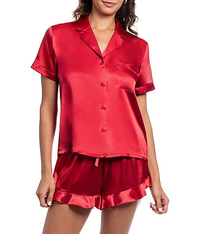 In Bloom By Jonquil Satin Short Sleeve Notch Collar Button-Front Shorty Ruffled Pajama Set