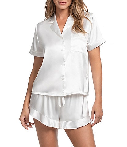 In Bloom By Jonquil Satin Short Sleeve Notch Collar Button-Front Shorty Ruffled Pajama Set