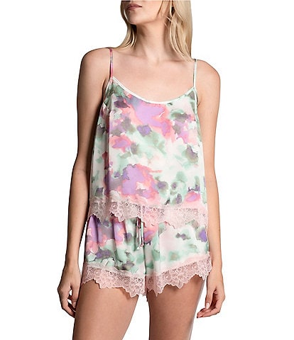 In Bloom By Jonquil Satin Watercolor Print Sleeveless Scoop Neck Lace Trim Cami & Short Pajama Set