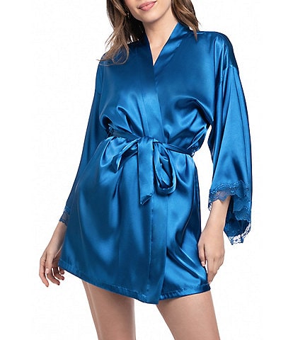 In Bloom by Jonquil Scallop Lace 3/4 Kimono Sleeve Shawl Collar Short Satin Wrap Robe
