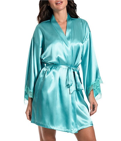 In Bloom by Jonquil Scallop Lace 3/4 Kimono Sleeve Shawl Collar Short Satin Wrap Robe