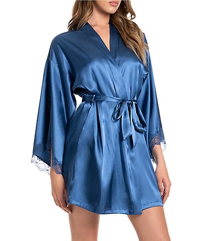 In Bloom by Jonquil Scallop Lace 3/4 Kimono Sleeve Shawl Collar Short Satin Wrap Robe