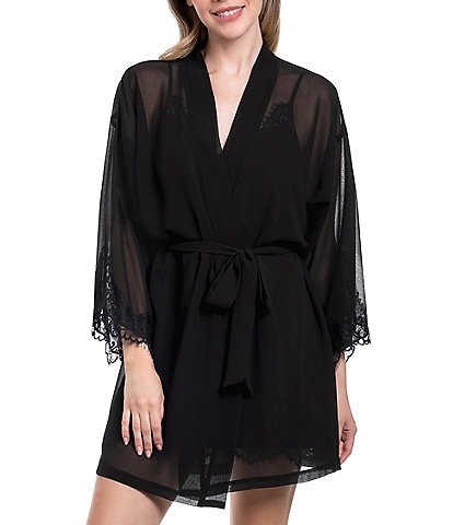 In Bloom By Jonquil Solid 3/4 Sleeve Chiffon Short Robe with Lace