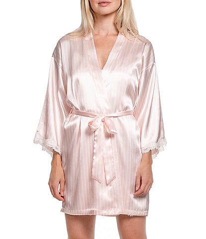 In Bloom By Jonquil Stripe Print 3/4 Sleeve Coordinating Satin Short Wrap Robe