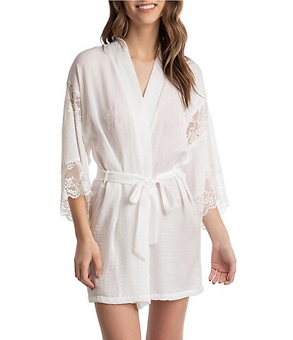 In Bloom by Jonquil Textured Satin Lace 3/4 Sleeve Coordinating Short Wrap Robe