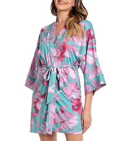 In Bloom By Jonquil Tropical Leaf Print 3/4 Sleeve Brushed Knit Short Robe