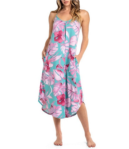 In Bloom By Jonquil Tropical Leaf Print Sleeveless Scoop Neck Brushed Knit Midi Nightgown