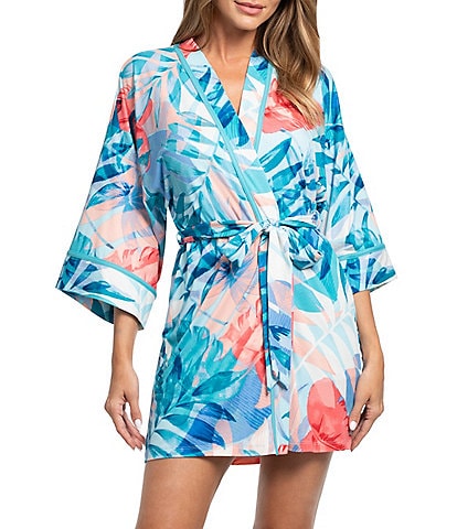 In Bloom By Jonquil Tropical Palm Print 3/4 Sleeve Short Robe