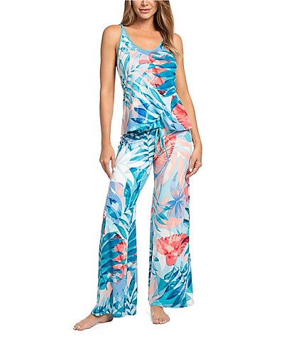 In Bloom By Jonquil Tropical Palm Print Sleeveless Jersey Knit Pant Pajama Set
