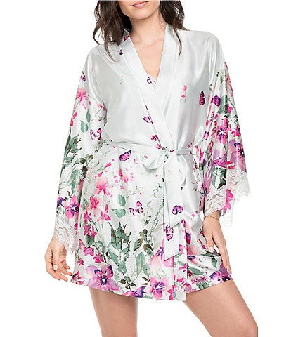 In Bloom By Jonquil Watercolor Garden Floral Print 3/4 Sleeve Coordinating Satin Short Robe with Lace