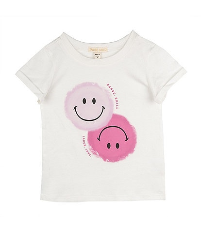 Indie Gold Little Girls Roll-Sleeve Smiley Face Graphic T-Shirt