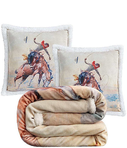 Indigo Hill by HiEnd Accents Buster Campfire Sherpa Cowboy Spirit Pillow and Blanket Set