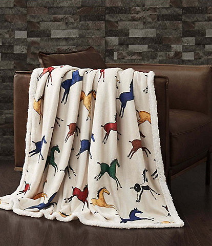 Indigo Hill by HiEnd Accents Hand-Painted Wild Horses Campfire Sherpa Western Cozy Throw Set